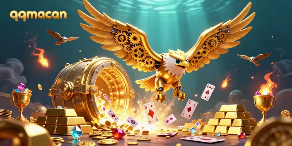 Experience the thrill of gambling with qqmacan as a cybernetic eagle dives through holographic playing cards amidst riches.