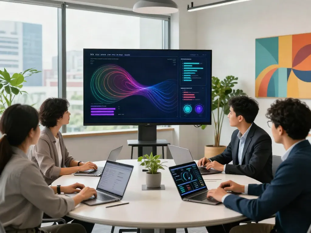 Team exploring strategies for Deepfake protected meetings in a modern conference room.