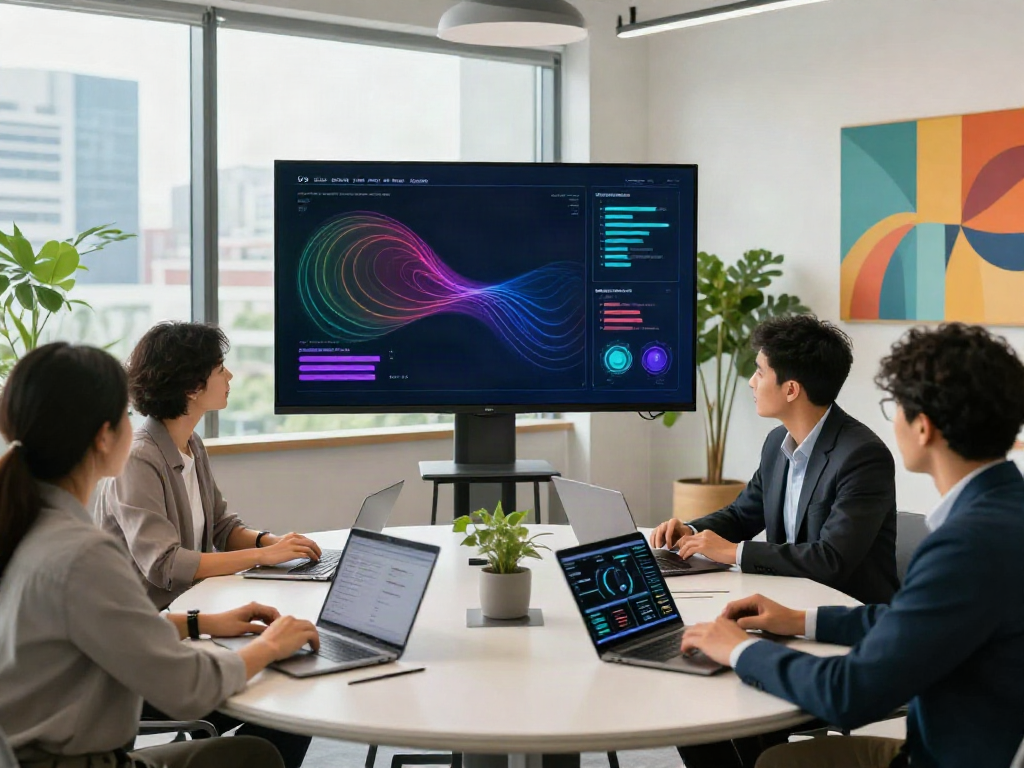 Team exploring strategies for Deepfake protected meetings in a modern conference room.