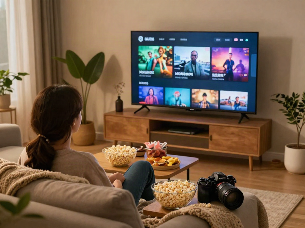 Engage with Moviebox apk on a cozy home theater setup, featuring vibrant streaming content and inviting ambiance.