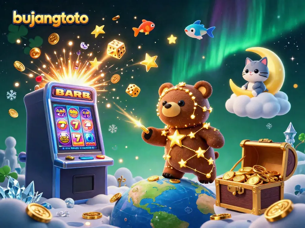 Experience the fun at bujangtoto with a colorful casino scene featuring slots, coins, and whimsical characters.