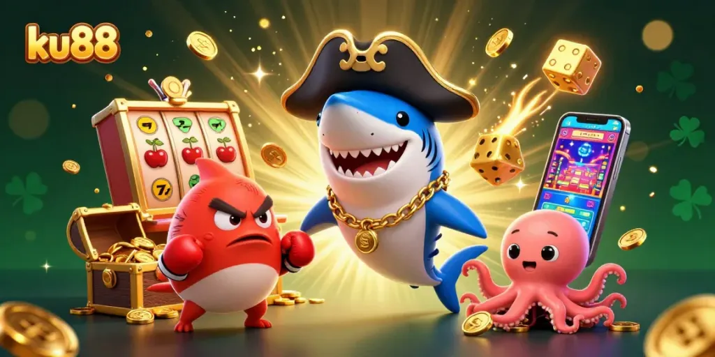 ku88 players spinning a dynamic slot machine with gold coins and vibrant casino elements in a thrilling scene.