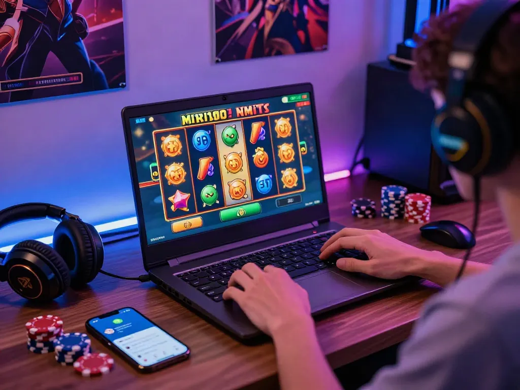 Engaging slot gacor game experience at home with colorful displays and gaming accessories.