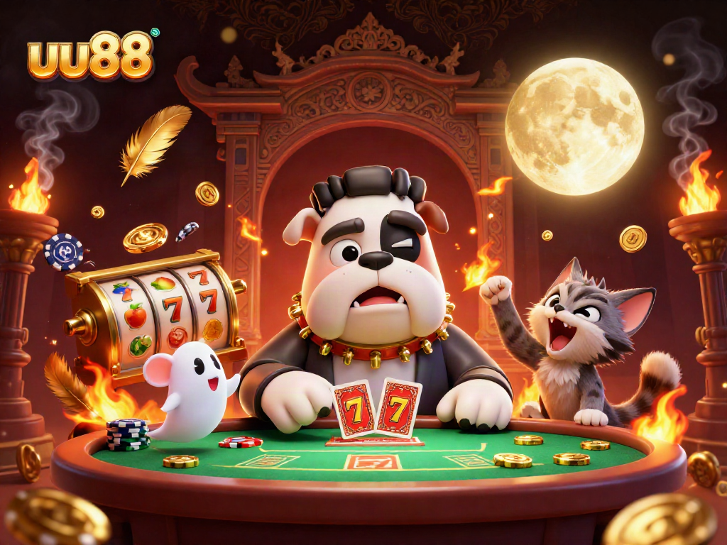 uu88 card-dealing scene with a Frankenstein bulldog, ghost mouse, and werewolf kitten in a lively casino setting