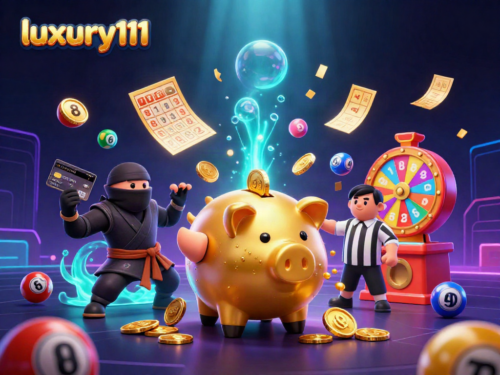 Experience lottery thrills with luxury111 in a vibrant, dynamic 3D casino scene.