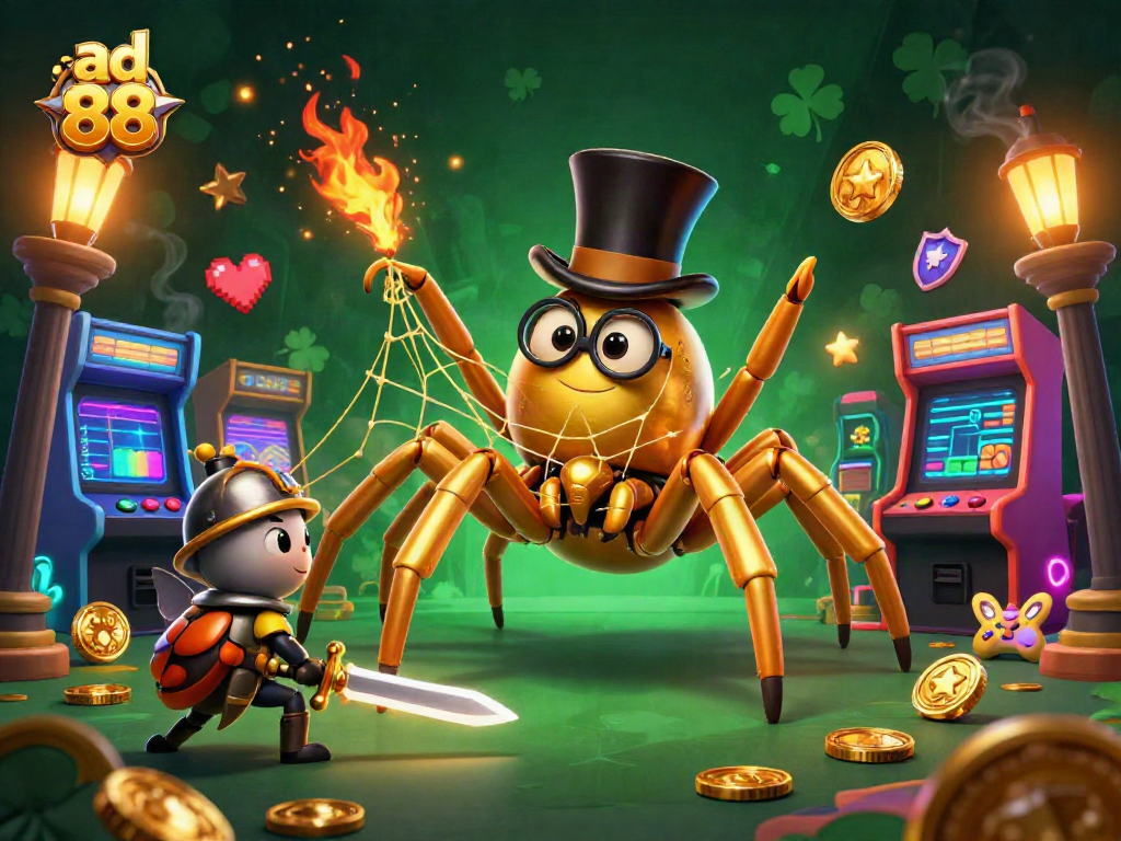 Engage with ad 88 gaming excitement as a giant golden tarantula weaves magic in a vibrant casino