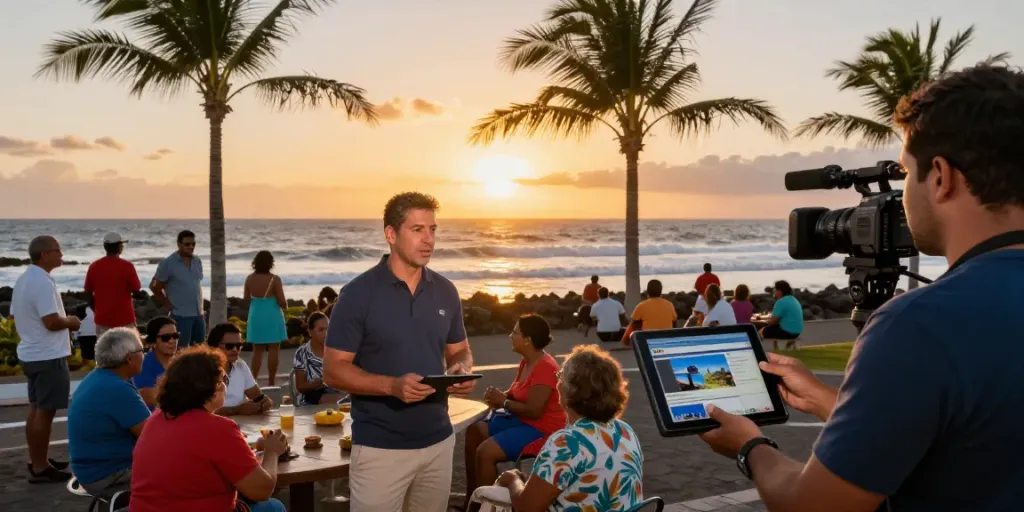 Canarian news reporter engaging with the local community during a vibrant sunset in the Canary Islands.