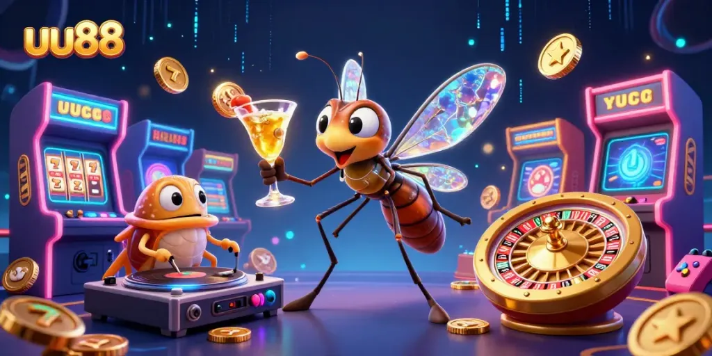uu88 casino mascot comes to life, surrounded by dynamic gaming elements and a vibrant atmosphere