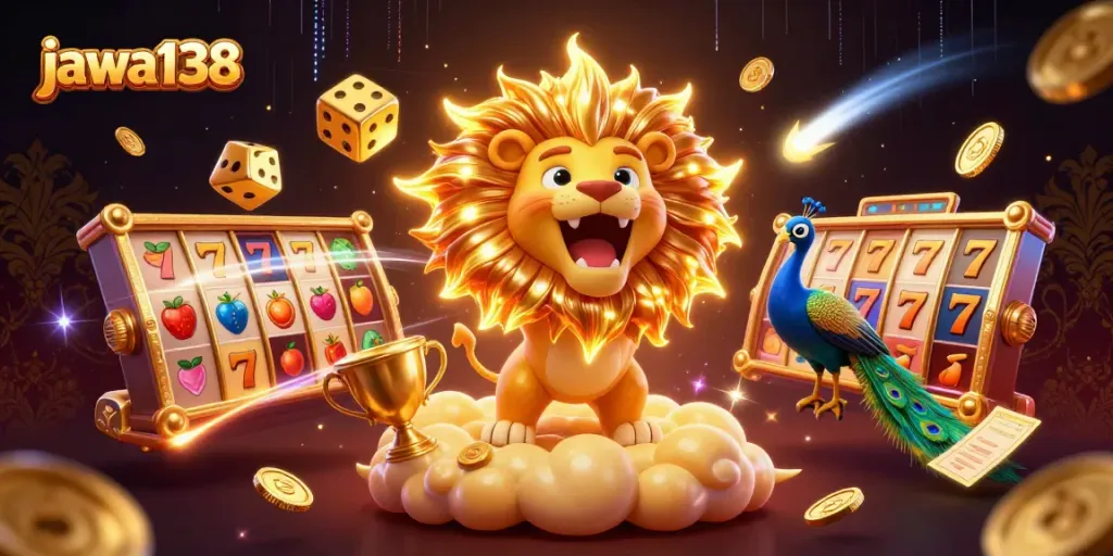 Engage with jawa138 at a vibrant 3D casino scene featuring slot elements and dynamic characters.