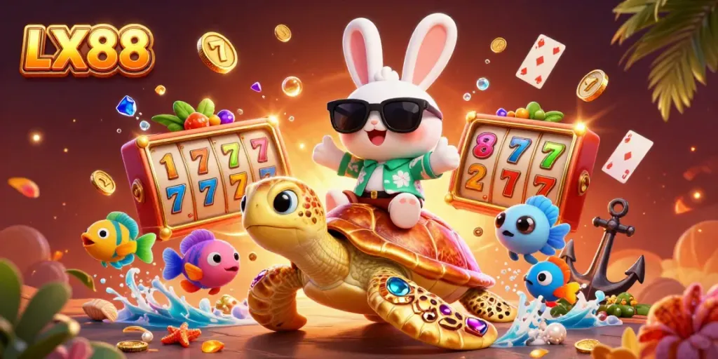 Spin to win at LX88 with lucky rabbit and golden sea turtle among vibrant casino elements.