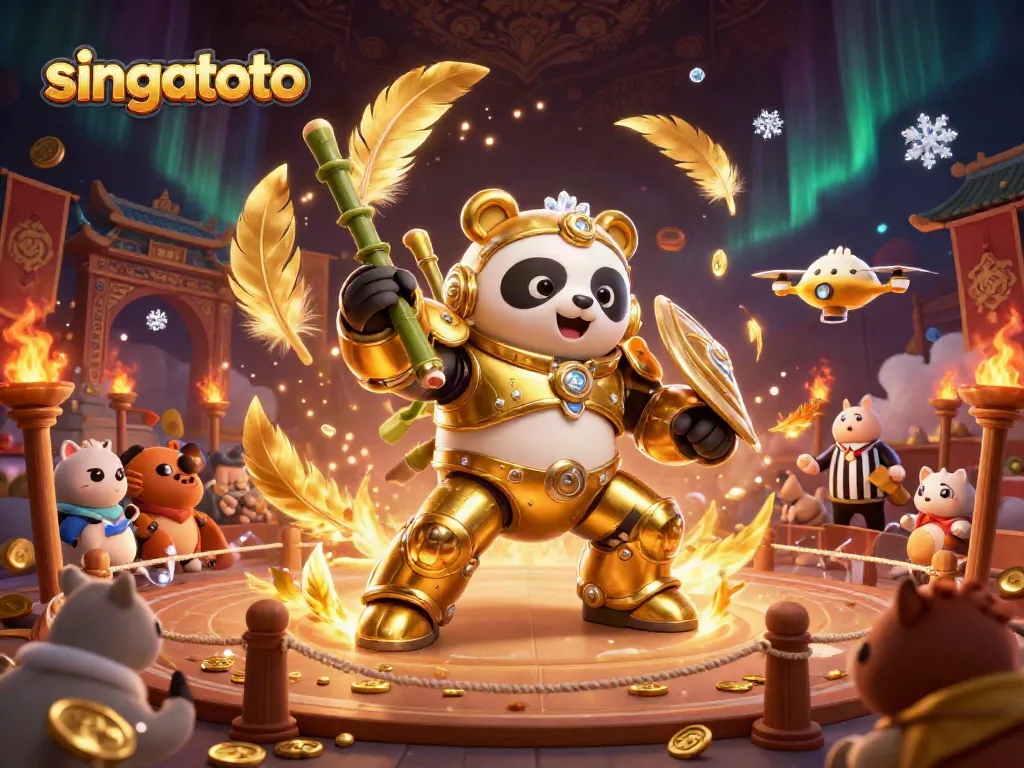 Engage with the exciting action at singatoto with a mech-panda battling in a casino-themed arena.