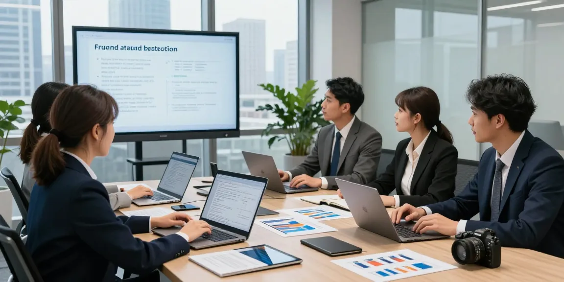 Data analysts discussing document fraud detection solutions in a modern office.
