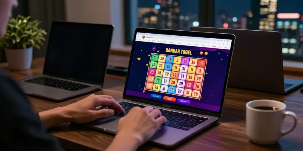 Platform Bandar Togel modern dengan pengguna menikmati permainan online di laptop
