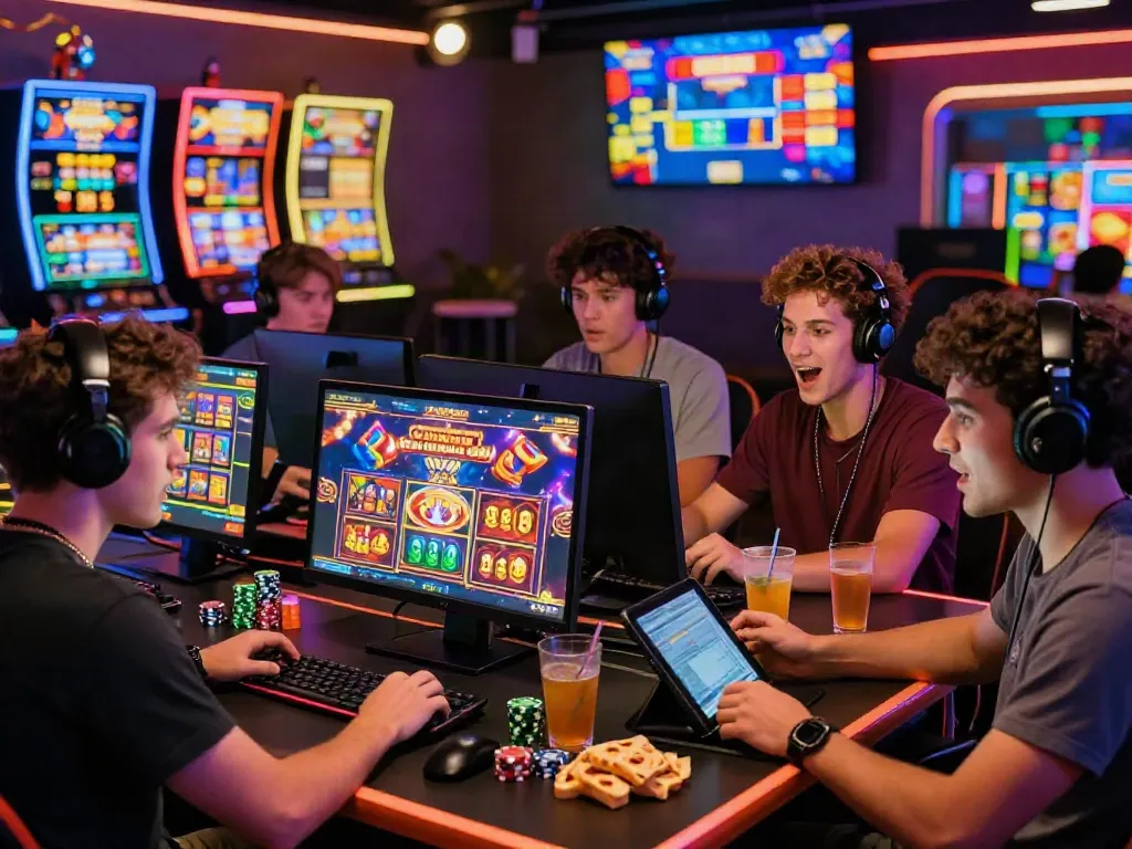 A diverse group of gamers engaging with exciting slot games in a vibrant online casino atmosphere.