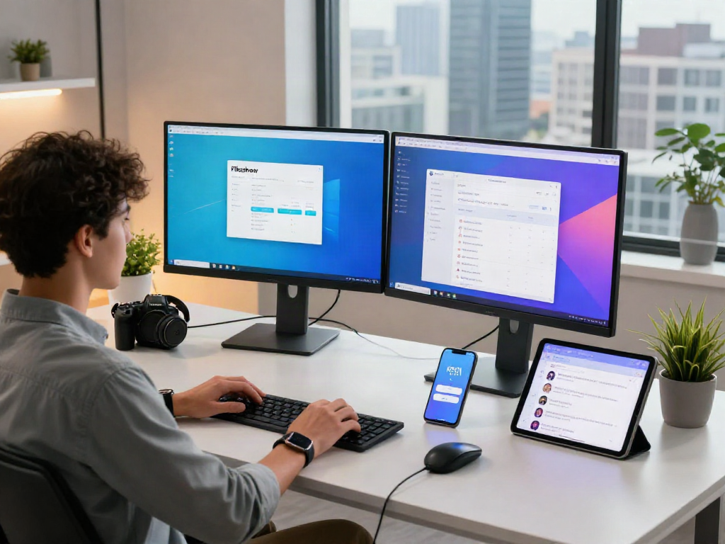 Pikashow app showcased in a vibrant digital workspace with multiple devices and a modern aesthetic.