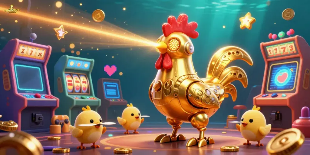 Sumseltoto launches a vibrant casino experience with a golden rooster robot and baby chick drones in action.