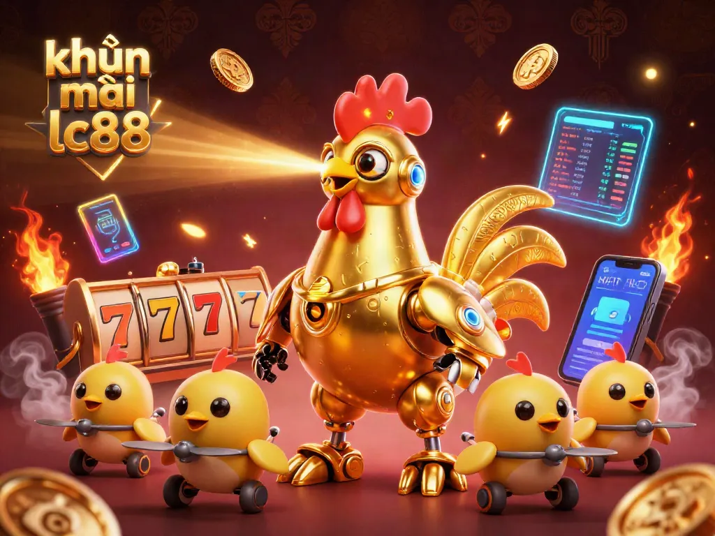 Experience khuyến mãi lc88 with a dynamic 3D scene featuring a golden rooster robot and engaging casino elements.