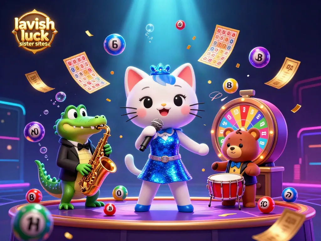 Engage with lavish luck sister sites through vibrant casino scene featuring jazz-singer cat and colorful game elements.
