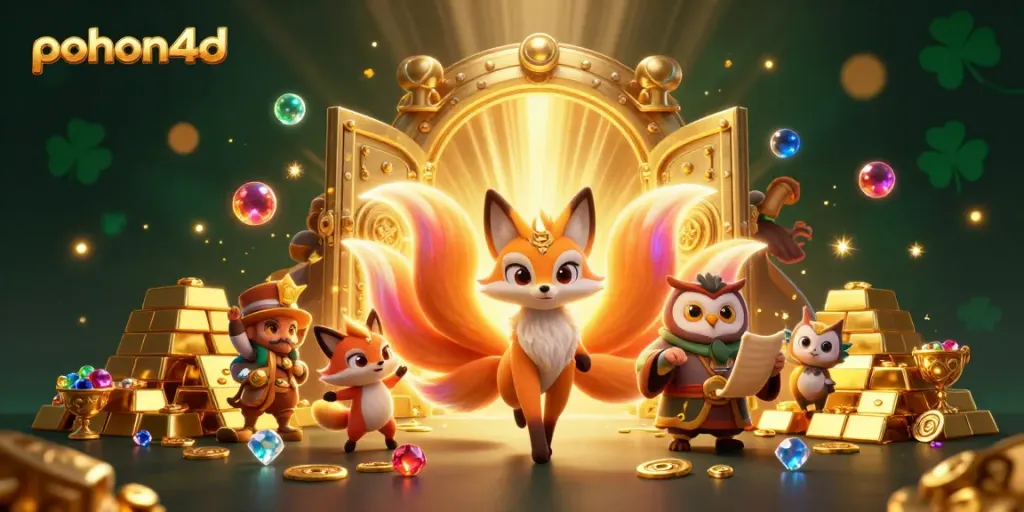 Pohon4d showcases a vibrant 3D scene with a mystical fox and wise owl surrounded by dazzling treasures.