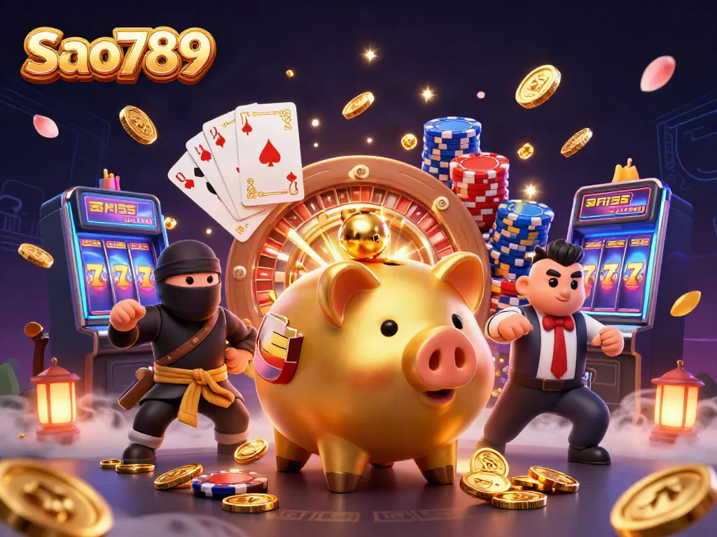 Sao789 showcases a dynamic casino scene with a golden piggy bank sumo wrestler, coins flying, and game elements.