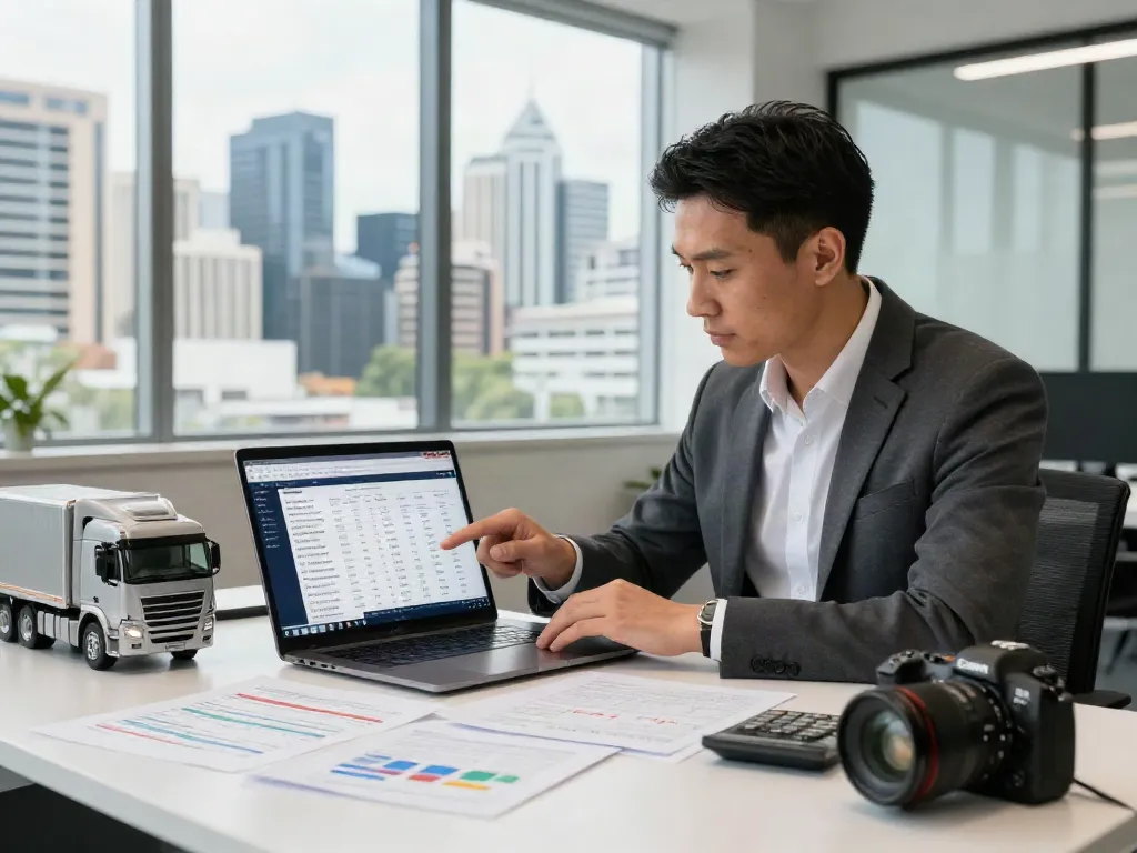 Professional finance broker reviewing truck finance options in Brisbane office.