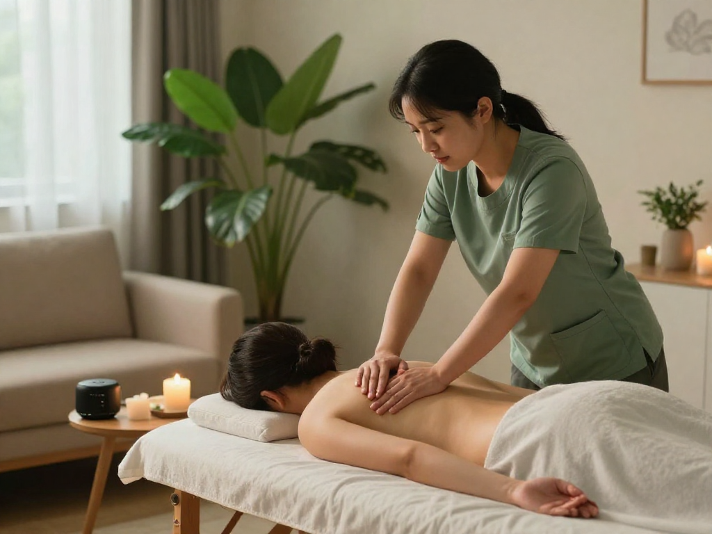 Home massage session showcasing a professional therapist providing relaxing 잠실출장안마 service in a serene atmosphere.