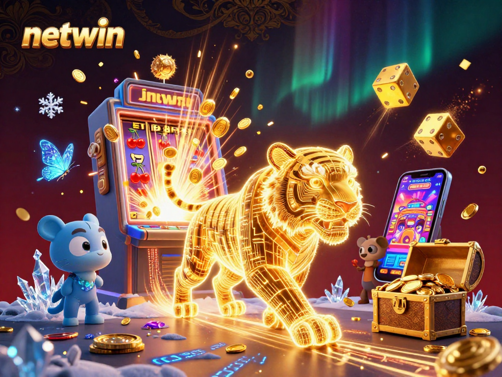 Join the thrilling experience at NetWin as a golden tiger ventures through a vibrant digital casino.