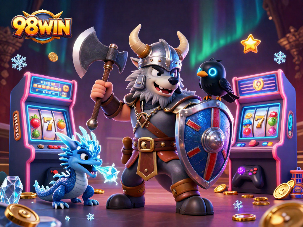 Experience thrilling adventures with 98WIN in a vibrant 3D casino scene filled with action.