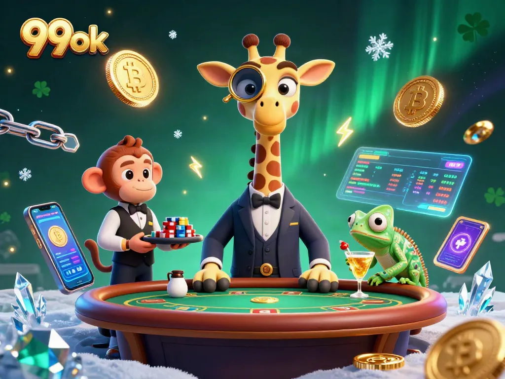 Experience the vibrant entertainment of 99ok at a luxurious casino scene featuring a high-roller giraffe and intricate game elements.