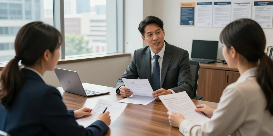 Find immigration attorney helping diverse clients with legal documents in a modern office setting.