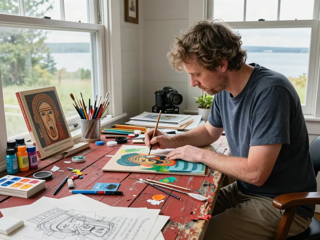 Bruce Bailey Toronto creates mixed media art on weathered cedar, showcasing his creative process in a bright studio.
