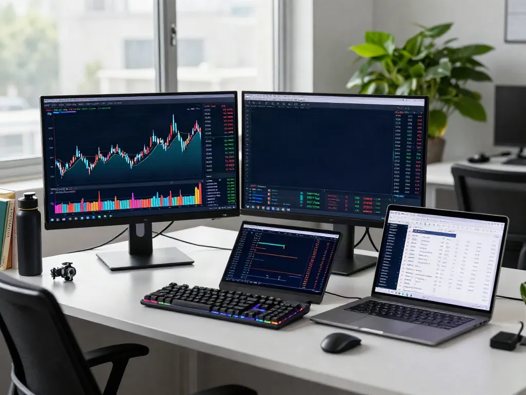 Cryptocurrency trading desk featuring stock quote API data on screens, with a professional setup for real-time trading.