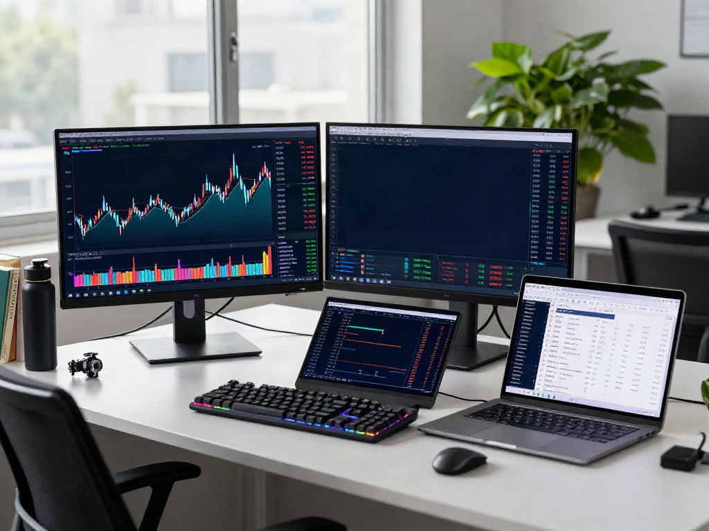Cryptocurrency trading desk featuring stock quote API data on screens, with a professional setup for real-time trading.