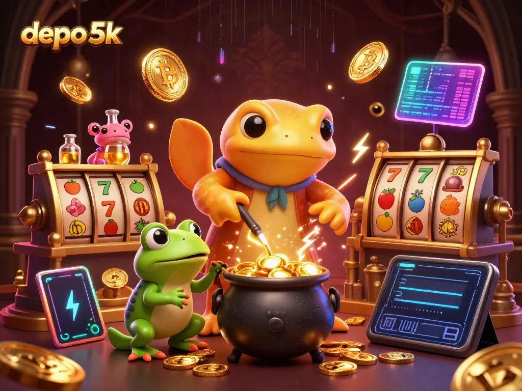 Experience the thrill of depo 5k with a vibrant casino scene featuring golden alchemist characters and dynamic slot elements.