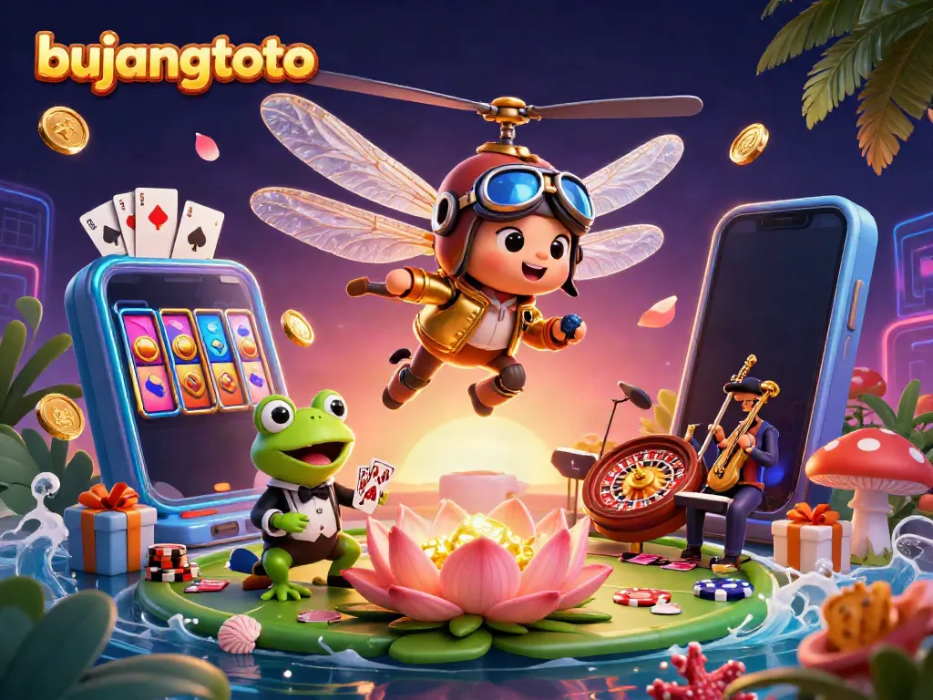 Experience the dynamic energy of bujangtoto with colorful slot games and lively characters in a vibrant casino scene.