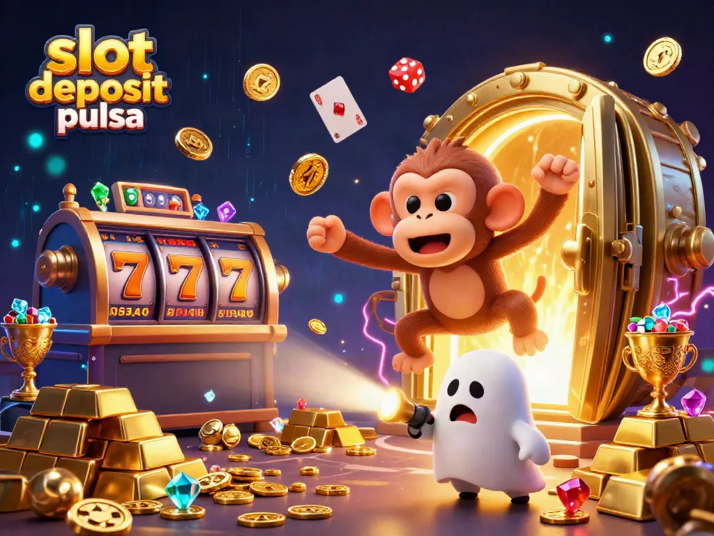 Engage with slot deposit pulsa as a monkey juggles treasure in a haunted casino scene.