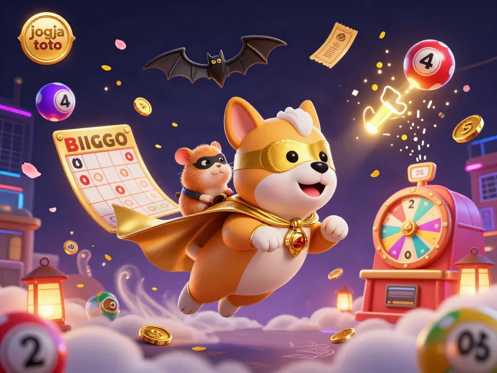 Experience the thrill of jogja toto as a superhero dog and hamster team embark on a winning adventure surrounded by colorful lottery elements.