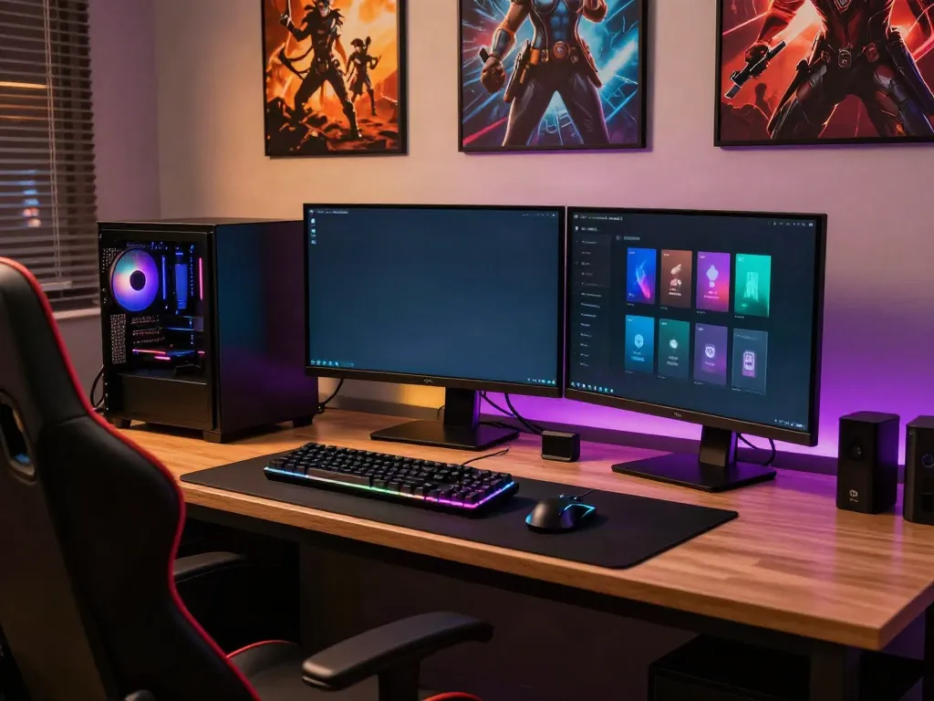 Elegant gaming setup showcasing luxury12 slot interface with colorful LED lighting and gaming accessories.