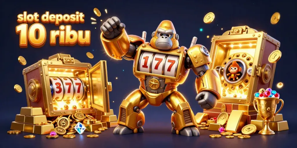 Experience the excitement of slot deposit 10 ribu with our whimsical golden gorilla mech soaring through riches!