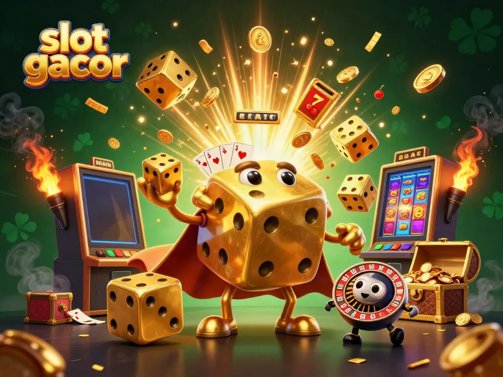 Experience slot gacor excitement with this vibrant 3D casino scene featuring golden dice and jackpot explosion.
