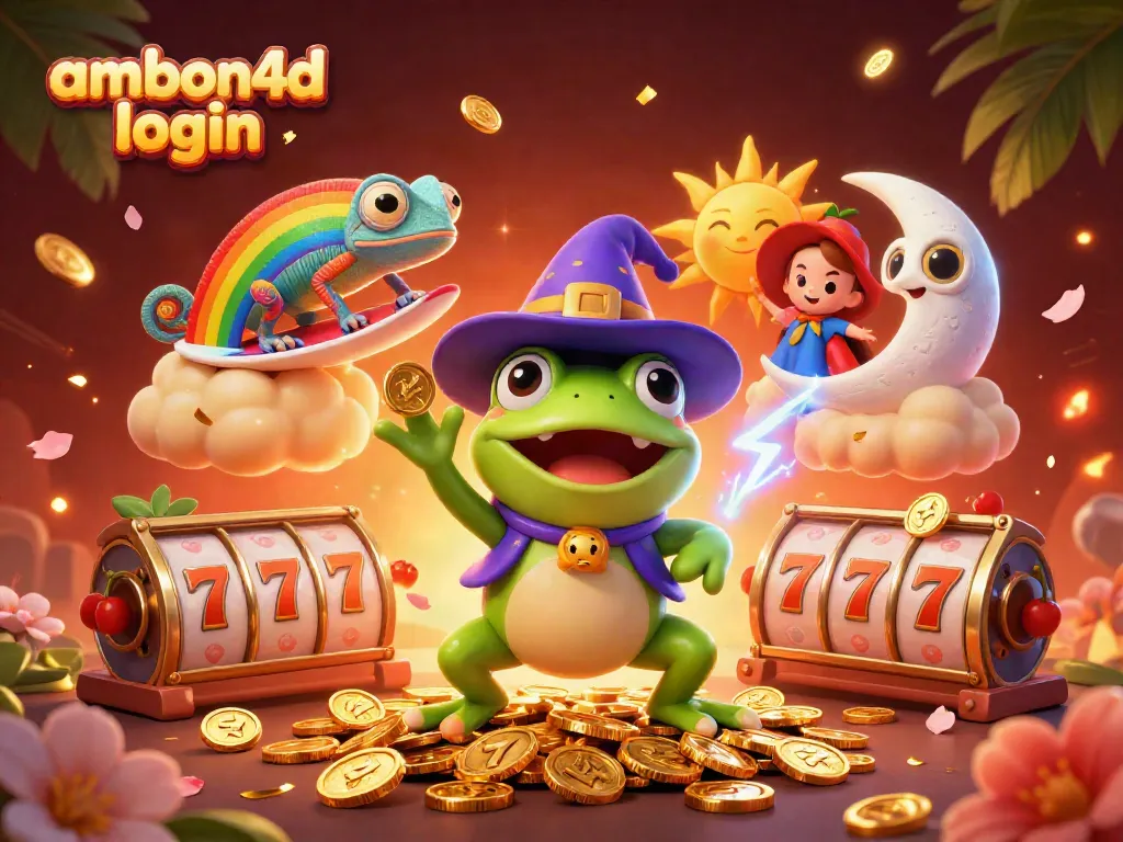 Play slots and win big with ambon4d login in a vibrant casino scene filled with gold coins and lucky symbols.