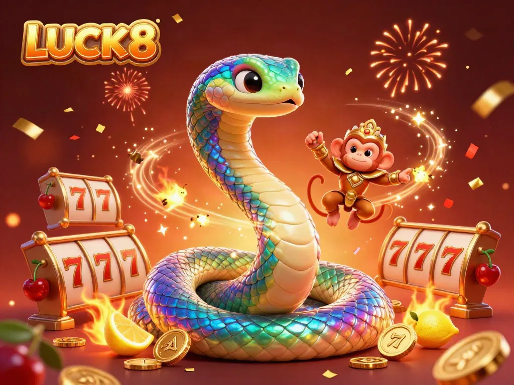 LUCK8 encounter in a vibrant casino scene, featuring a rainbow serpent and a king monkey amidst slot reels.