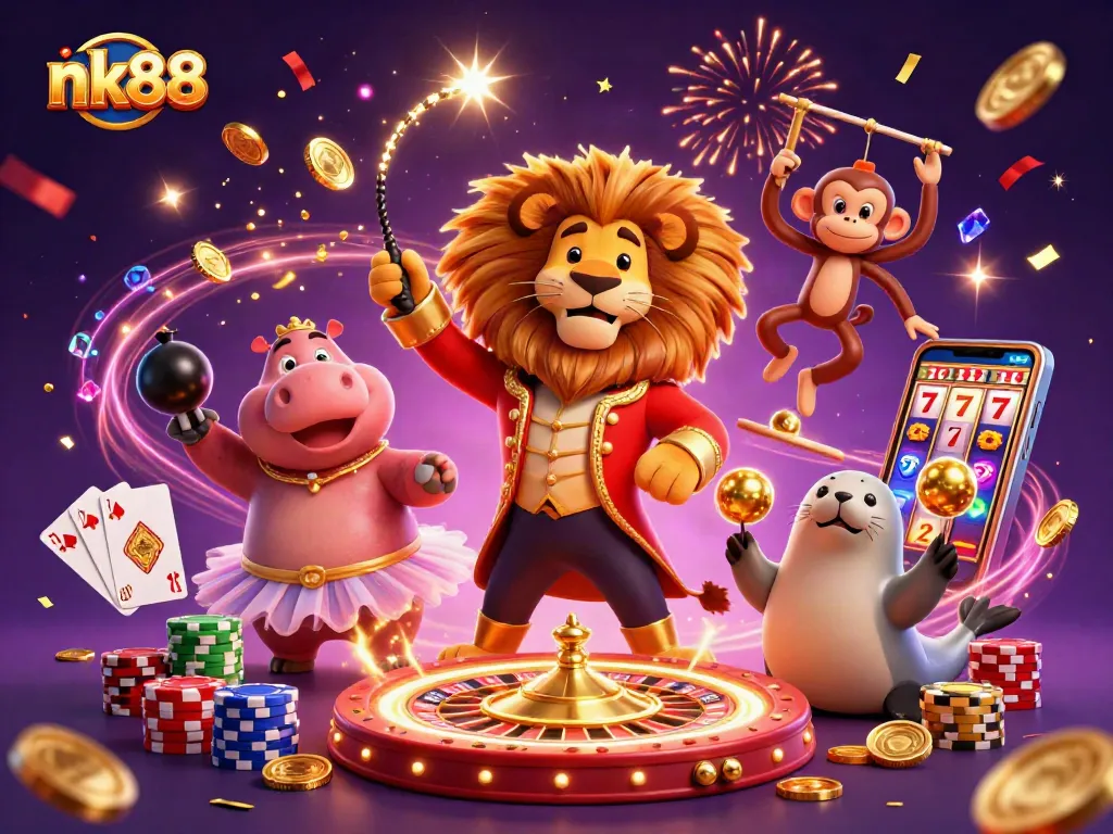 Experience the thrill of nk88 gaming with a vibrant circus-themed casino illustration.