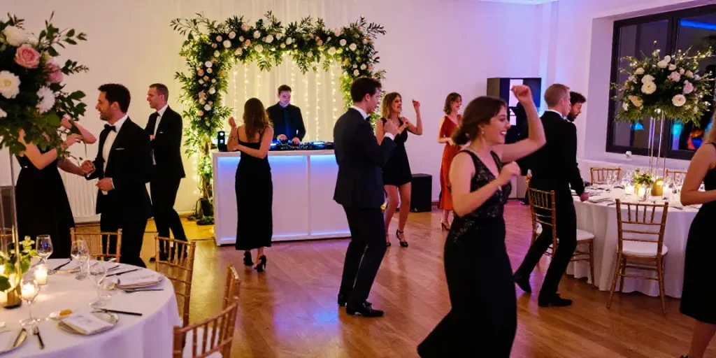 hochzeit DJ berlin brandenburg at a lively wedding reception with guests dancing, elegant decor, and vibrant atmosphere