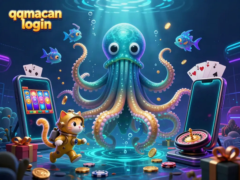 Experience thrilling gaming with qqmacan login featuring a kraken, diving cat, and vivid slot game elements.