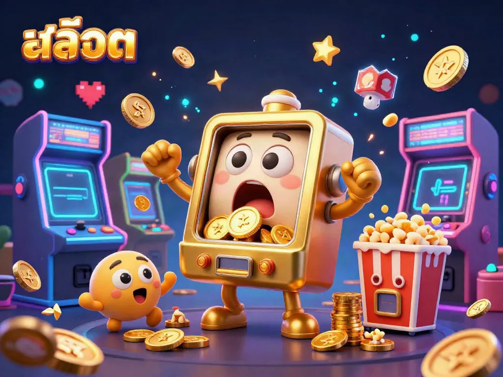 Experience excitement with สล็อต as a golden slot machine hits a jackpot, surrounded by cheering machines.