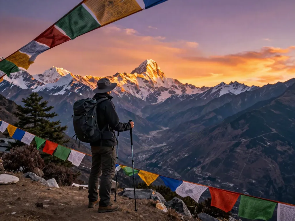 Trek to Manaslu Circuit showing a traveler at sunset overlooking mountains and valleys.