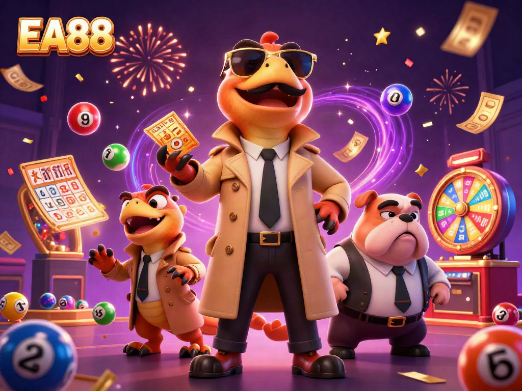 Experience EA88 as cartoon raptors try to enter a VIP casino lounge amidst vibrant game elements.