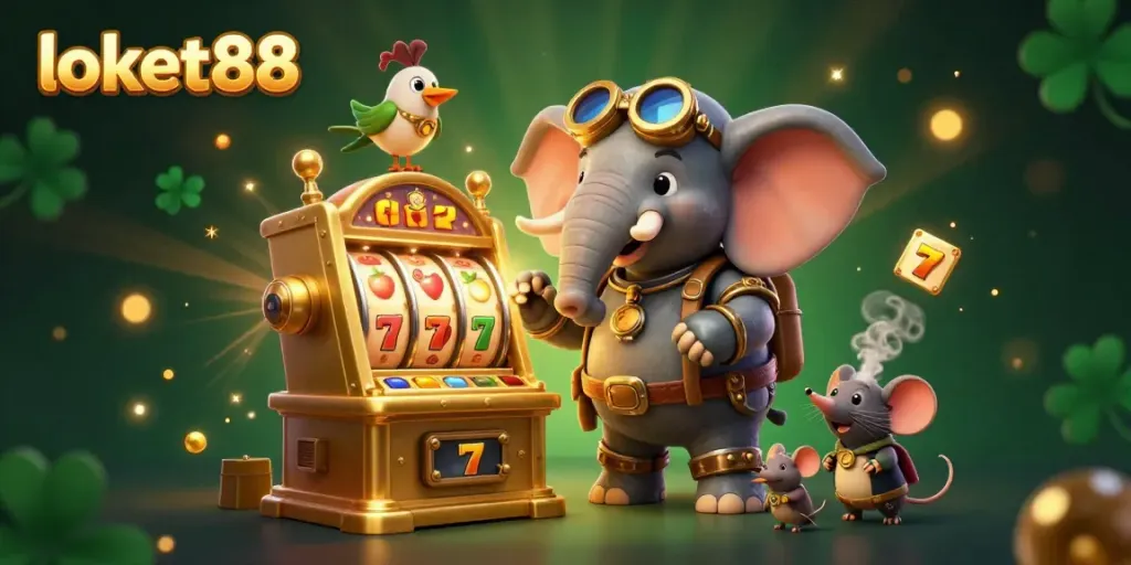 Spin and win with loket88 at a golden slot machine, featuring steampunk characters in a lively casino.