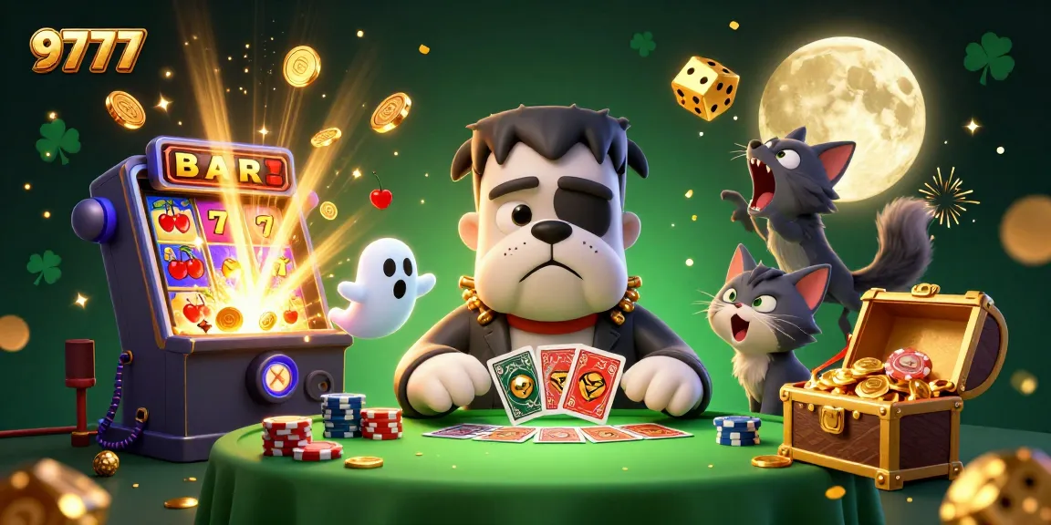Experience thrilling wins at 9777 with a lively scene of cartoon characters in an energetic gambling atmosphere.
